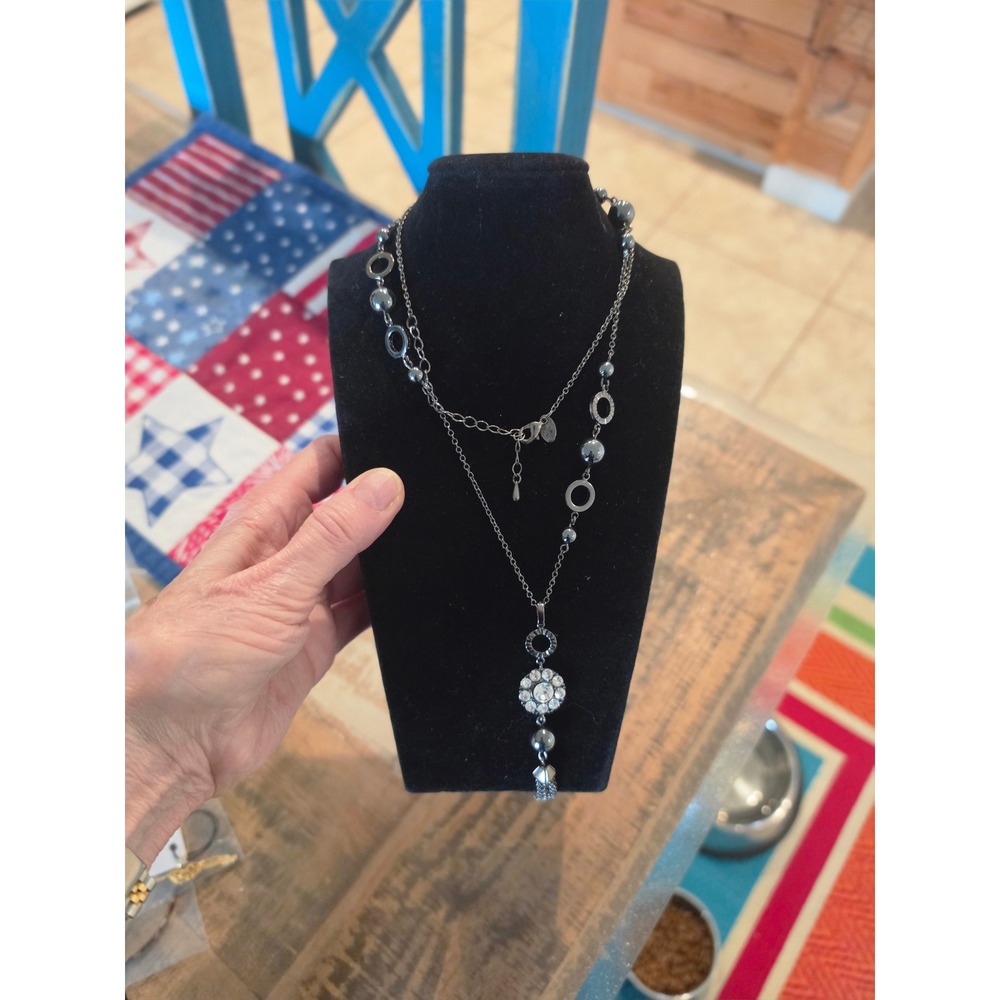 Lia Sophia Gunmetal Strand Necklace Rhinestone Flower Tassel Hematite Tone